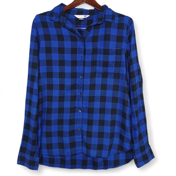 Old Navy Women’s Plaid Flannel Shirt Large Blue Black Classic Fit Soft Cotton - Picture 1 of 10